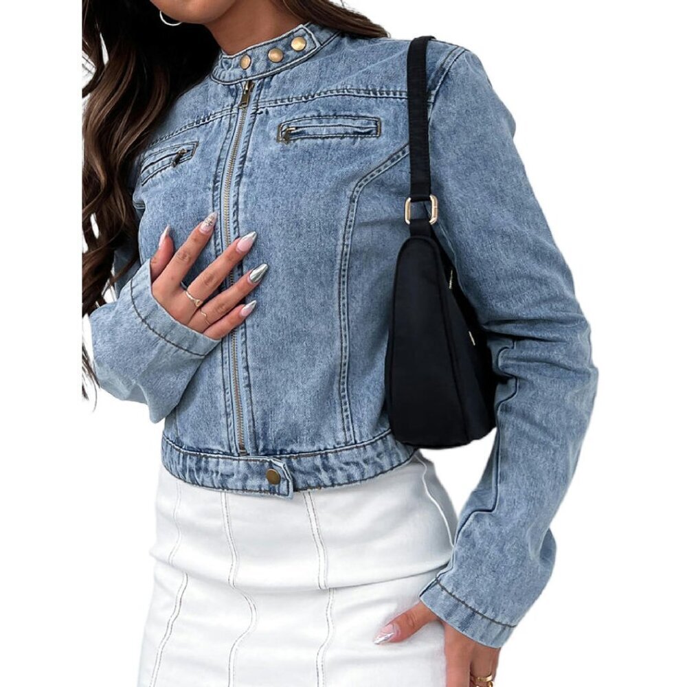 Cropped Denim Jacket with Zip Front, Stretchy Motorcycle Style